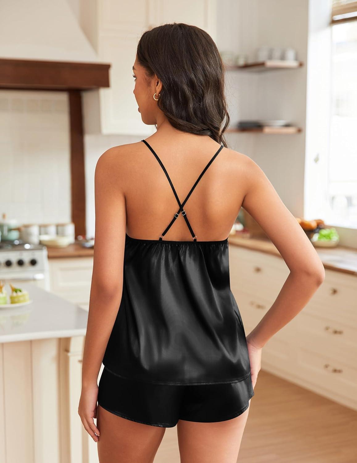 imageEKOUAER Silky Pajama Set for Women VNeck Satin Camisole Lingerie Sets Party Loungewear SleepwearBlack