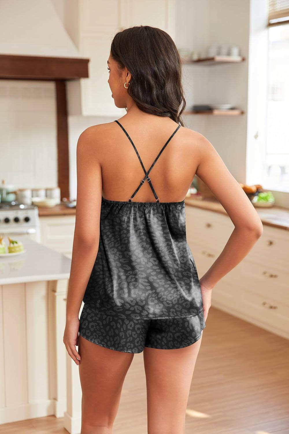 imageEKOUAER Silky Pajama Set for Women VNeck Satin Camisole Lingerie Sets Party Loungewear SleepwearBlack Leopard