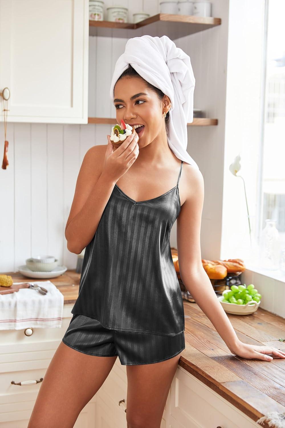 imageEKOUAER Silky Pajama Set for Women VNeck Satin Camisole Lingerie Sets Party Loungewear SleepwearBlack Stripe
