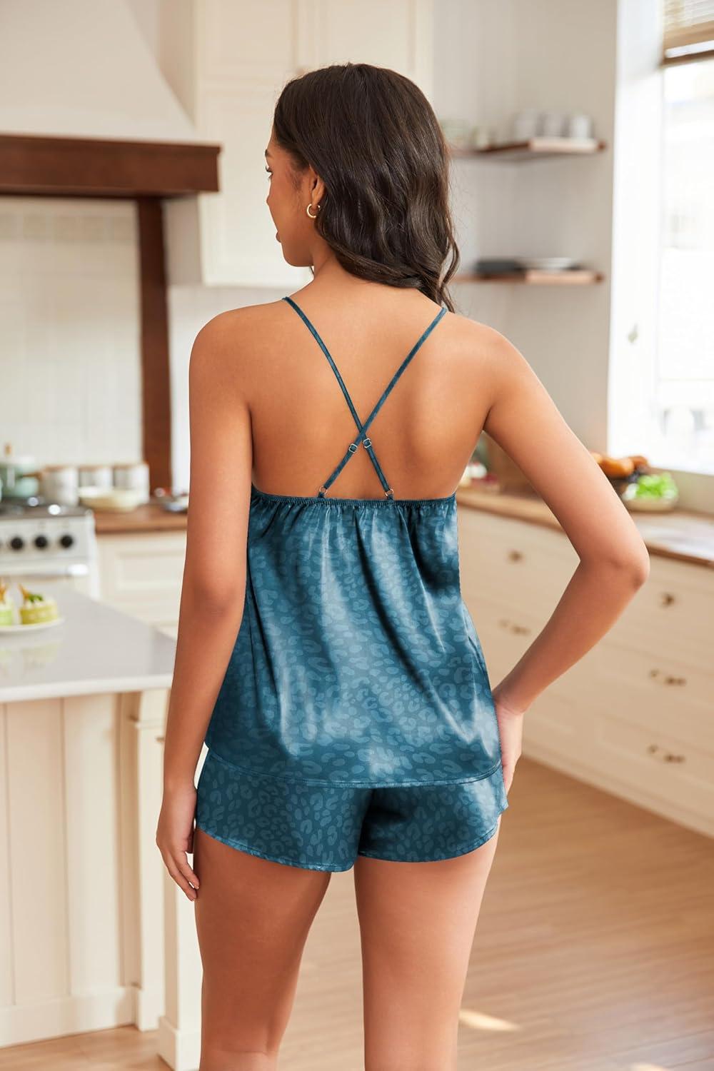 imageEKOUAER Silky Pajama Set for Women VNeck Satin Camisole Lingerie Sets Party Loungewear SleepwearBlue Leopard