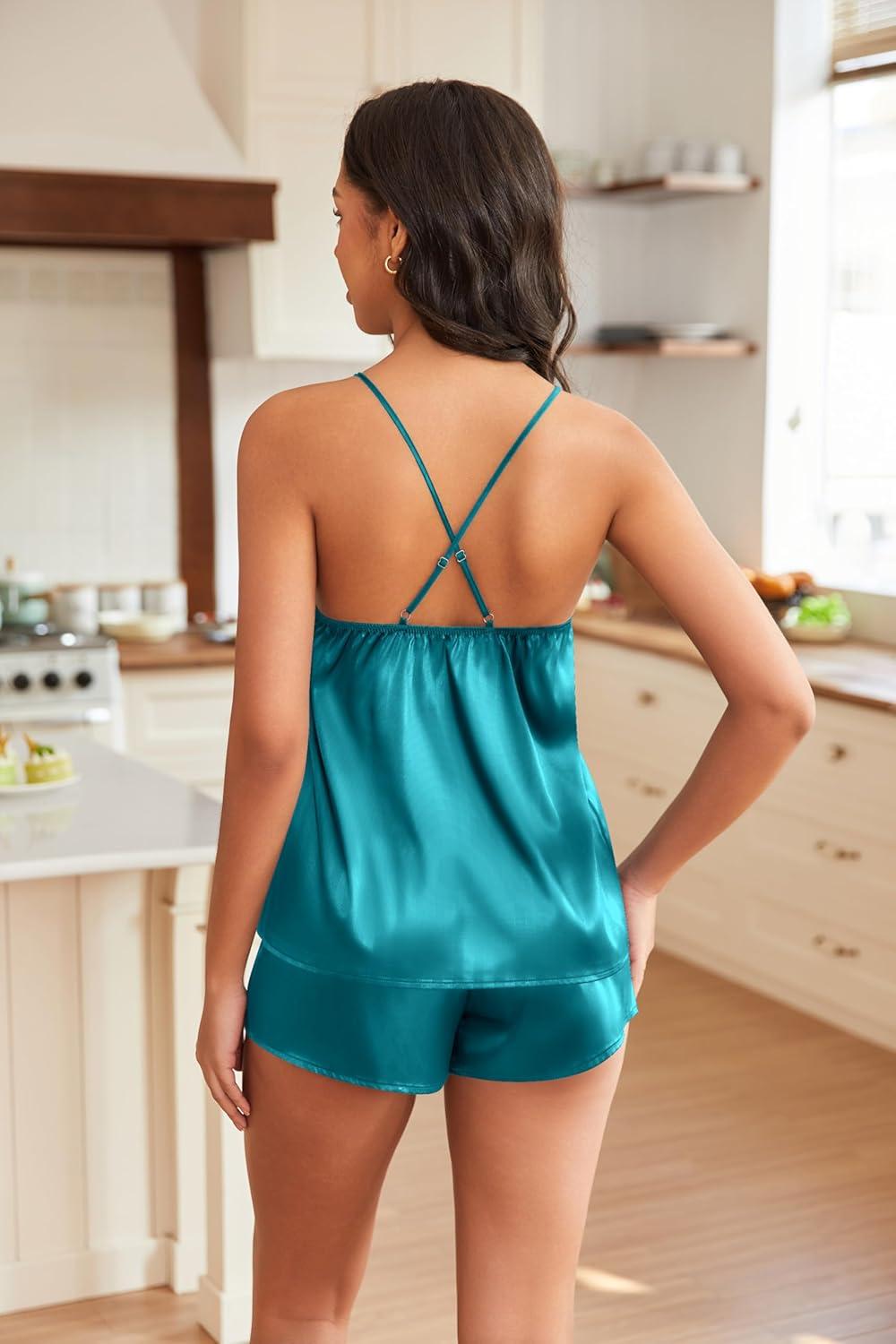 imageEKOUAER Silky Pajama Set for Women VNeck Satin Camisole Lingerie Sets Party Loungewear SleepwearBlue and Green2
