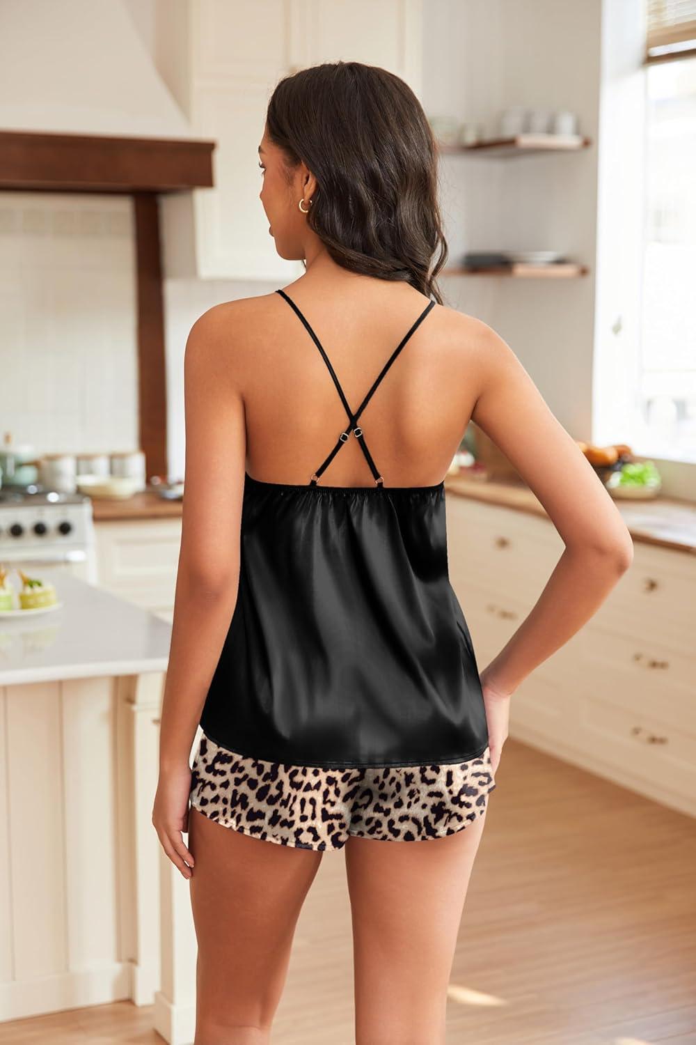 imageEKOUAER Silky Pajama Set for Women VNeck Satin Camisole Lingerie Sets Party Loungewear SleepwearBrown Leopard