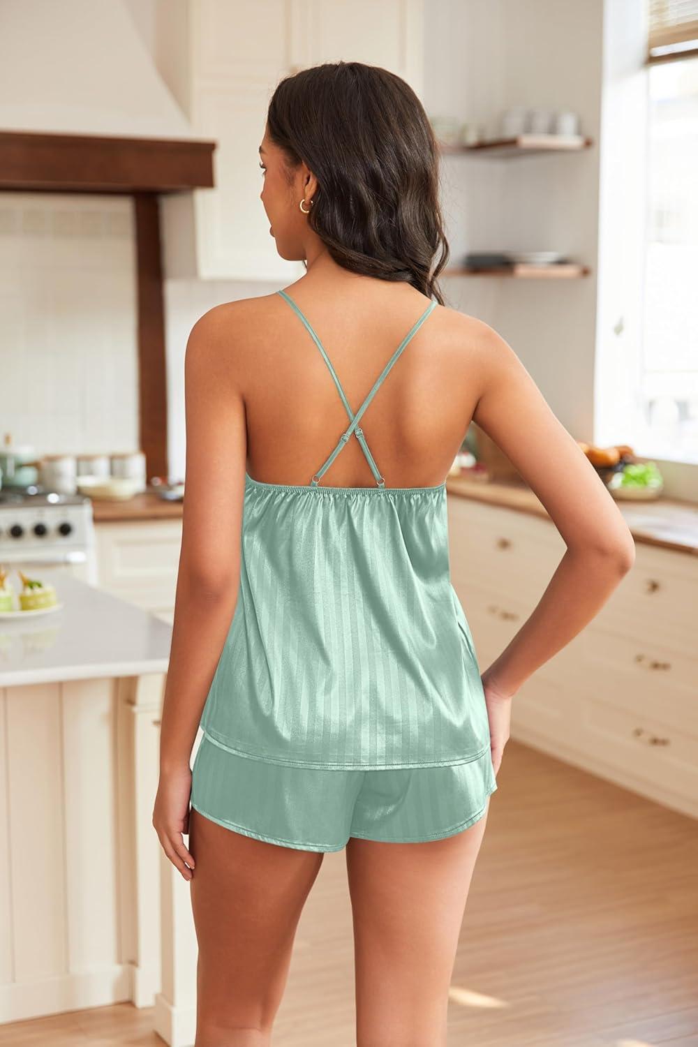 imageEKOUAER Silky Pajama Set for Women VNeck Satin Camisole Lingerie Sets Party Loungewear SleepwearLight Green Stripe