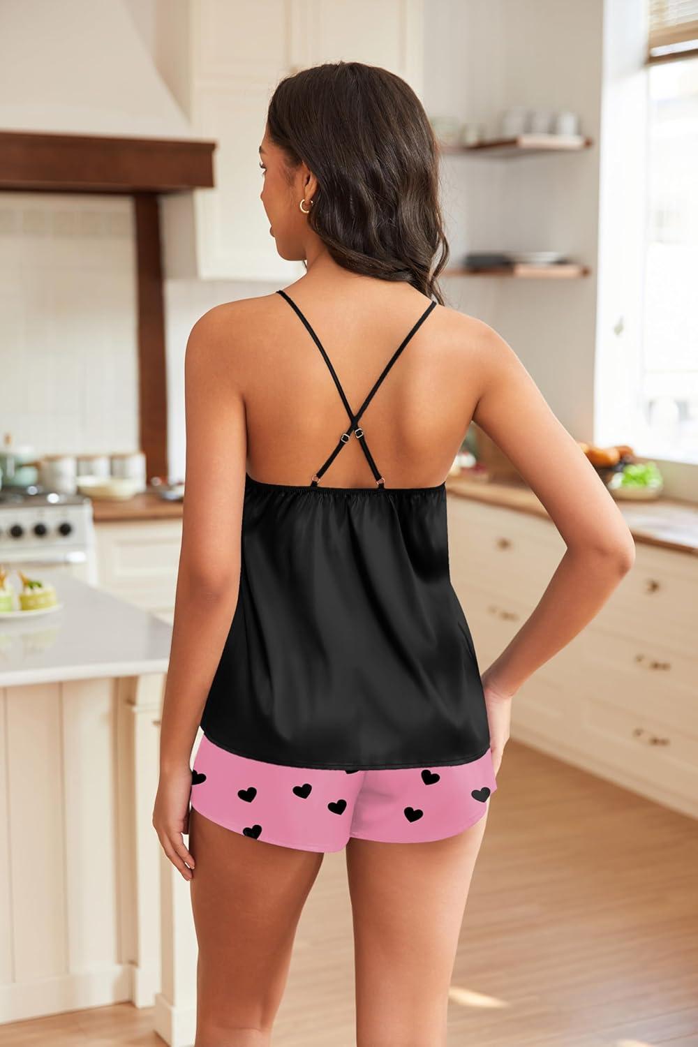 imageEKOUAER Silky Pajama Set for Women VNeck Satin Camisole Lingerie Sets Party Loungewear SleepwearPink Heart