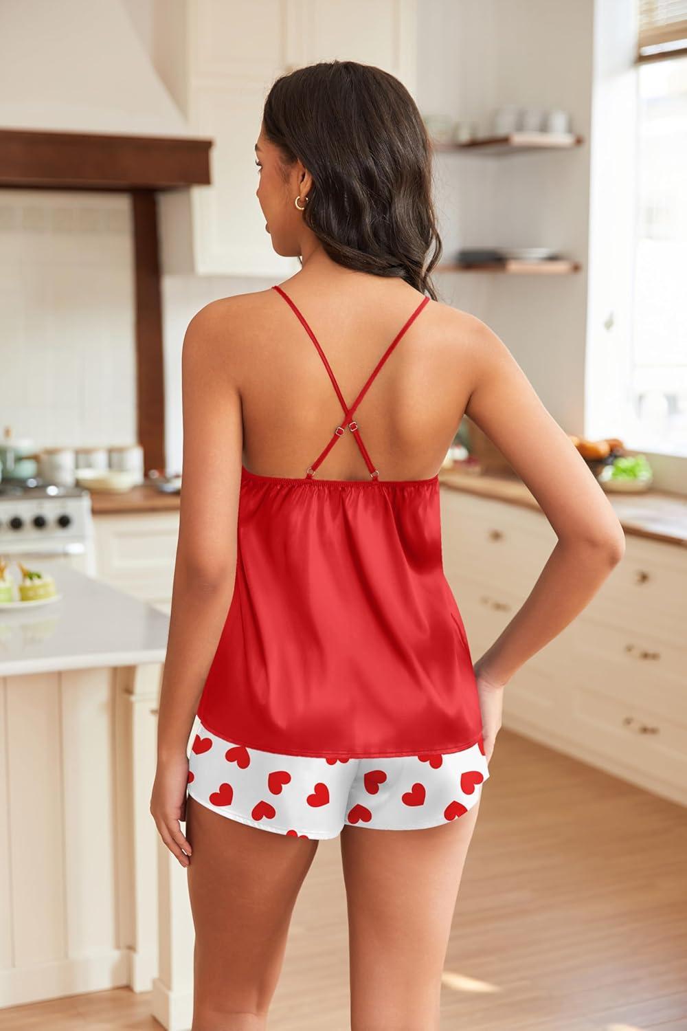 imageEKOUAER Silky Pajama Set for Women VNeck Satin Camisole Lingerie Sets Party Loungewear SleepwearRed Heart
