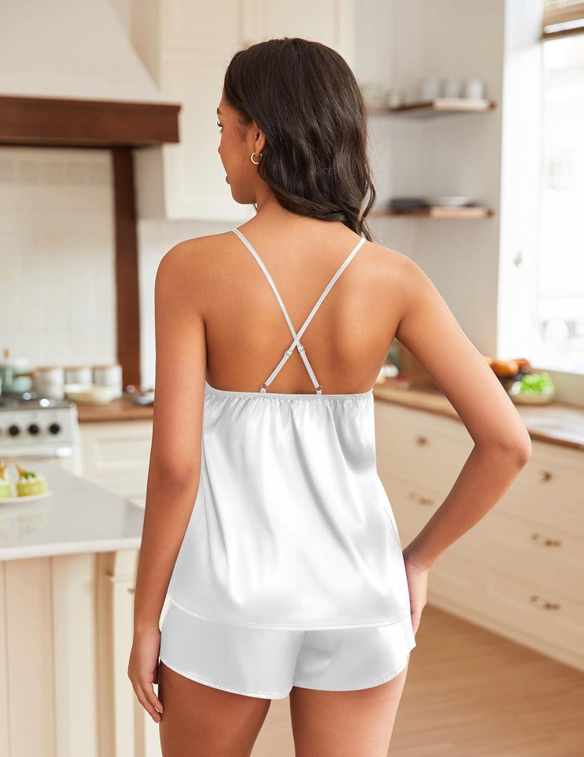 imageEKOUAER Silky Pajama Set for Women VNeck Satin Camisole Lingerie Sets Party Loungewear SleepwearWhite