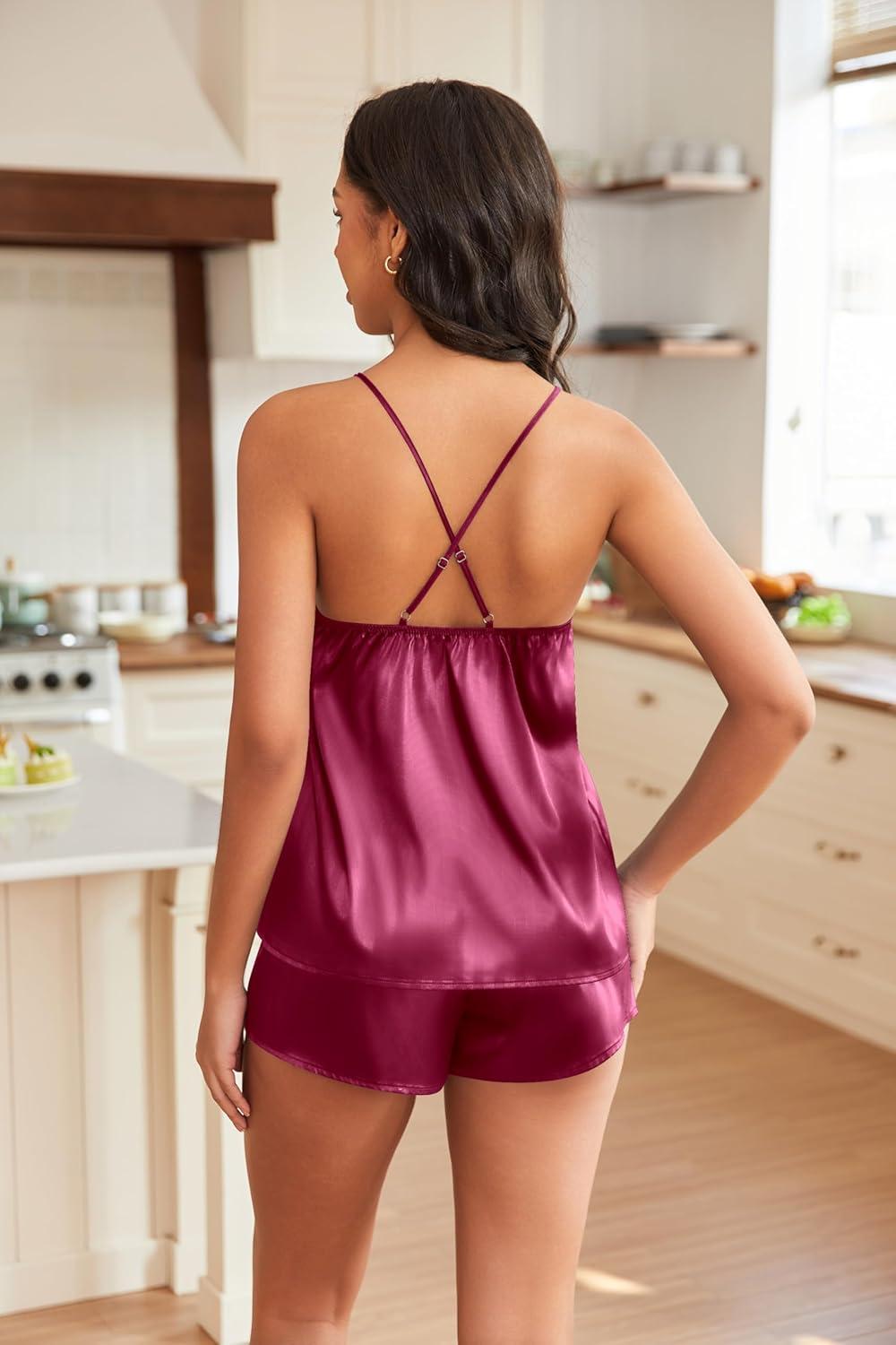 imageEKOUAER Silky Pajama Set for Women VNeck Satin Camisole Lingerie Sets Party Loungewear SleepwearWine Red2