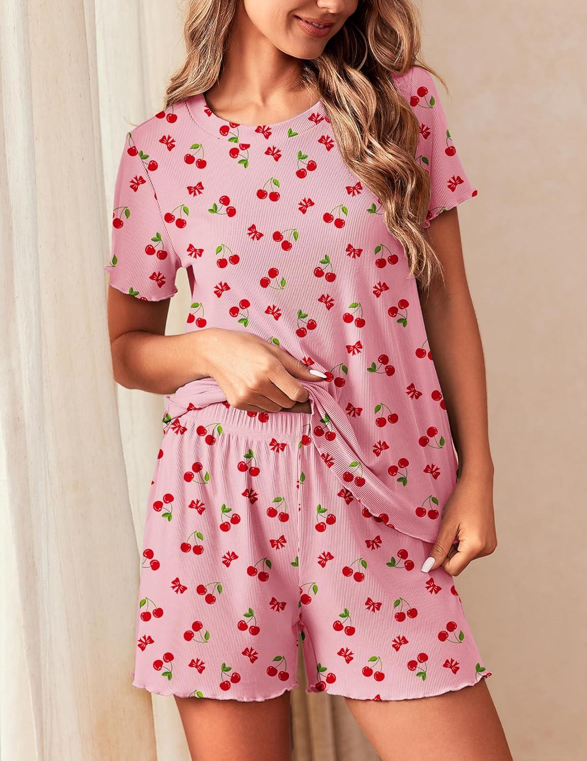 imageEkouaer 2 Packs Womens Pajama Set Short Sleeve Sleepwear Soft Top and Shorts Pjs Casual Outfits Lounge Set with PocketsPink CherryBlue Heart