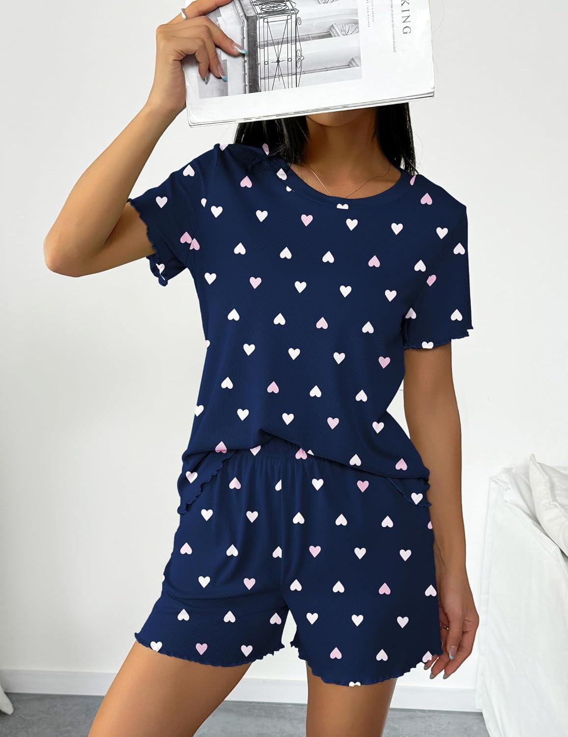 imageEkouaer 2 Packs Womens Pajama Set Short Sleeve Sleepwear Soft Top and Shorts Pjs Casual Outfits Lounge Set with PocketsPink CherryBlue Heart
