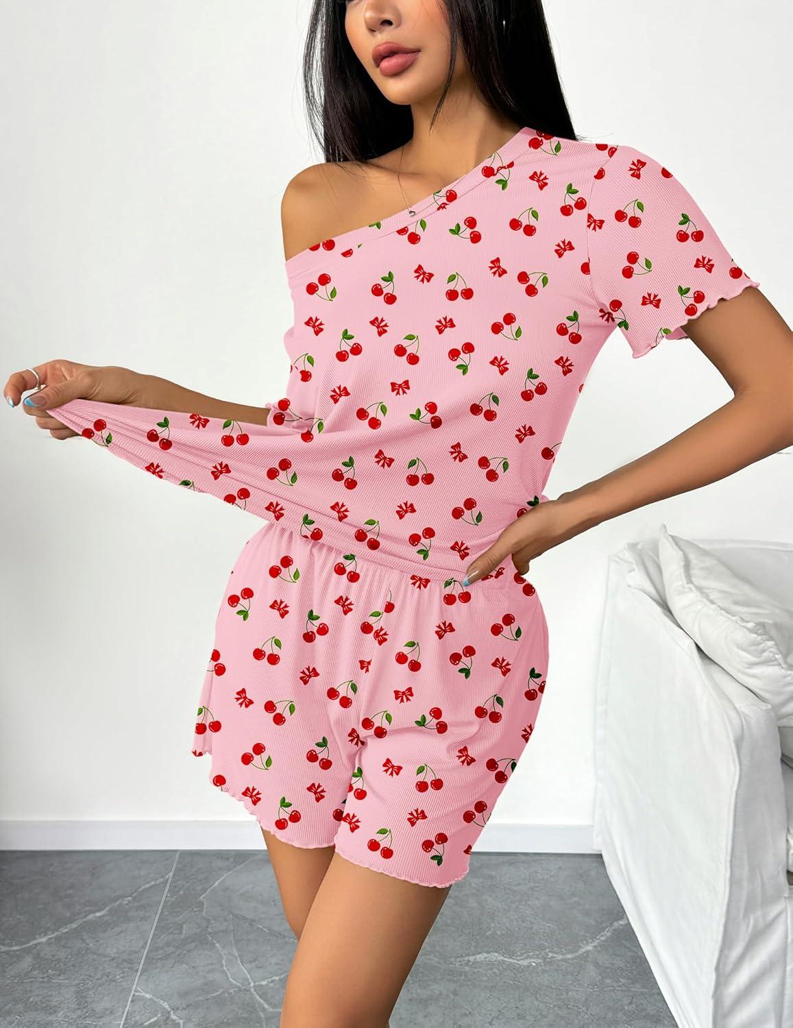 imageEkouaer 2 Packs Womens Pajama Set Short Sleeve Sleepwear Soft Top and Shorts Pjs Casual Outfits Lounge Set with PocketsPink CherryBlue Heart