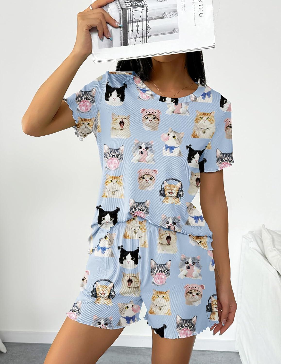 imageEkouaer 2 Packs Womens Pajama Set Short Sleeve Sleepwear Soft Top and Shorts Pjs Casual Outfits Lounge Set with PocketsWhite CowBlue Cat