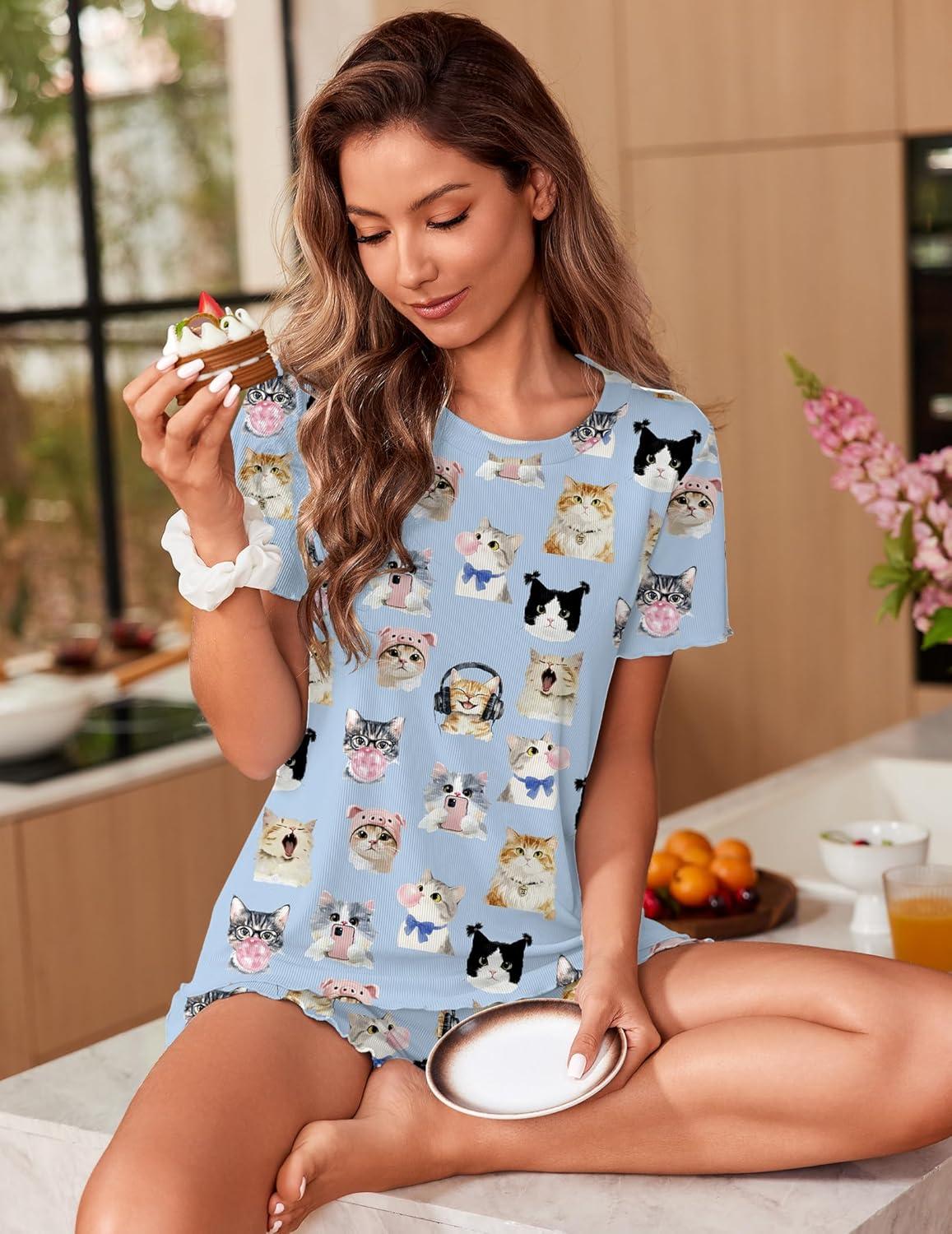 imageEkouaer 2 Packs Womens Pajama Set Short Sleeve Sleepwear Soft Top and Shorts Pjs Casual Outfits Lounge Set with PocketsWhite CowBlue Cat