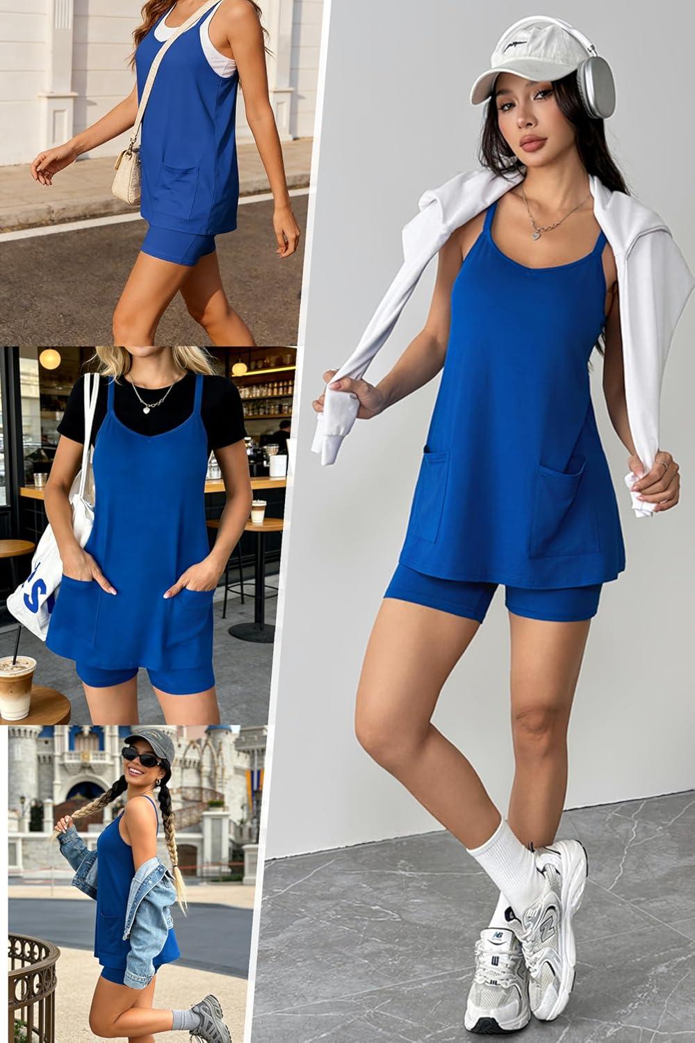 imageEkouaer 2 Piece Lounge Sets for Women Sleeveless Biker Short Set Summer Casual Outfits Matching Clothes with PocketsRoyal Blue