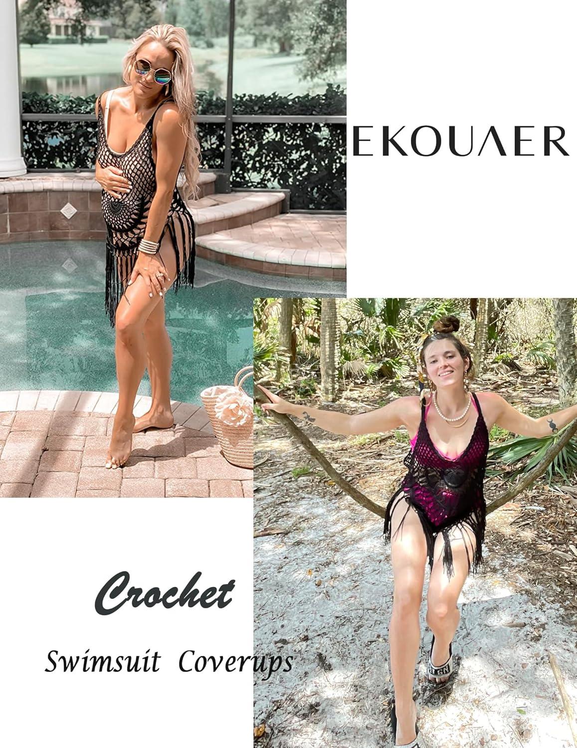 imageEkouaer Beach Swimsuit Cover Up Women Crochet Bikini Coverups Summer Pool Swimwear Tassel DressBlack
