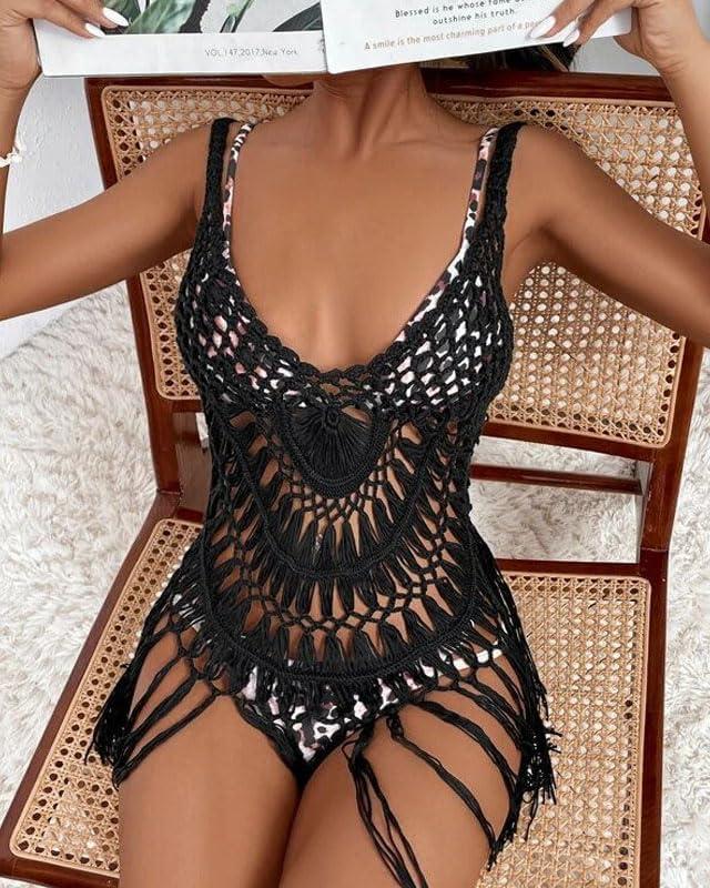 imageEkouaer Beach Swimsuit Cover Up Women Crochet Bikini Coverups Summer Pool Swimwear Tassel DressBlack