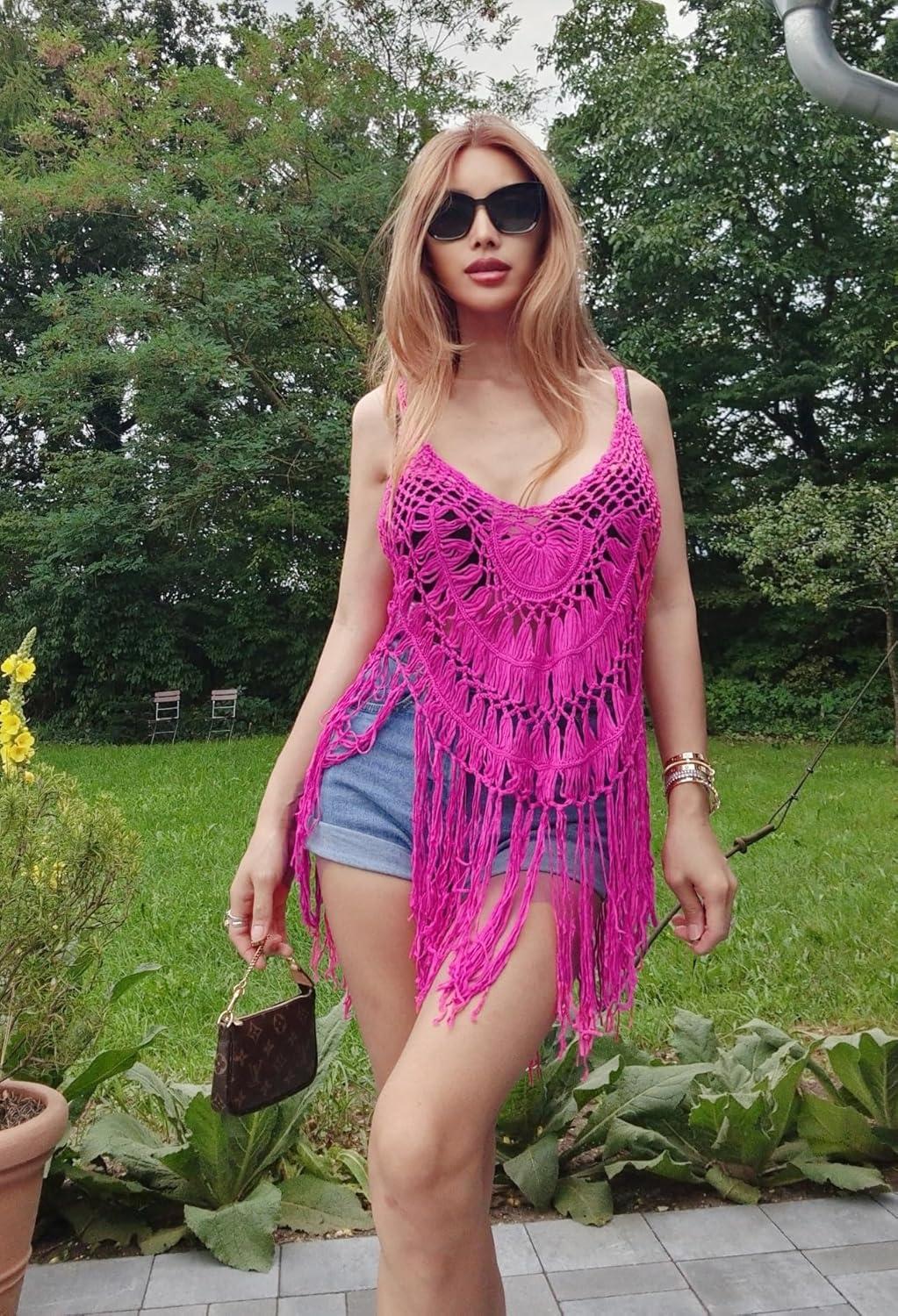 imageEkouaer Beach Swimsuit Cover Up Women Crochet Bikini Coverups Summer Pool Swimwear Tassel DressRose Red