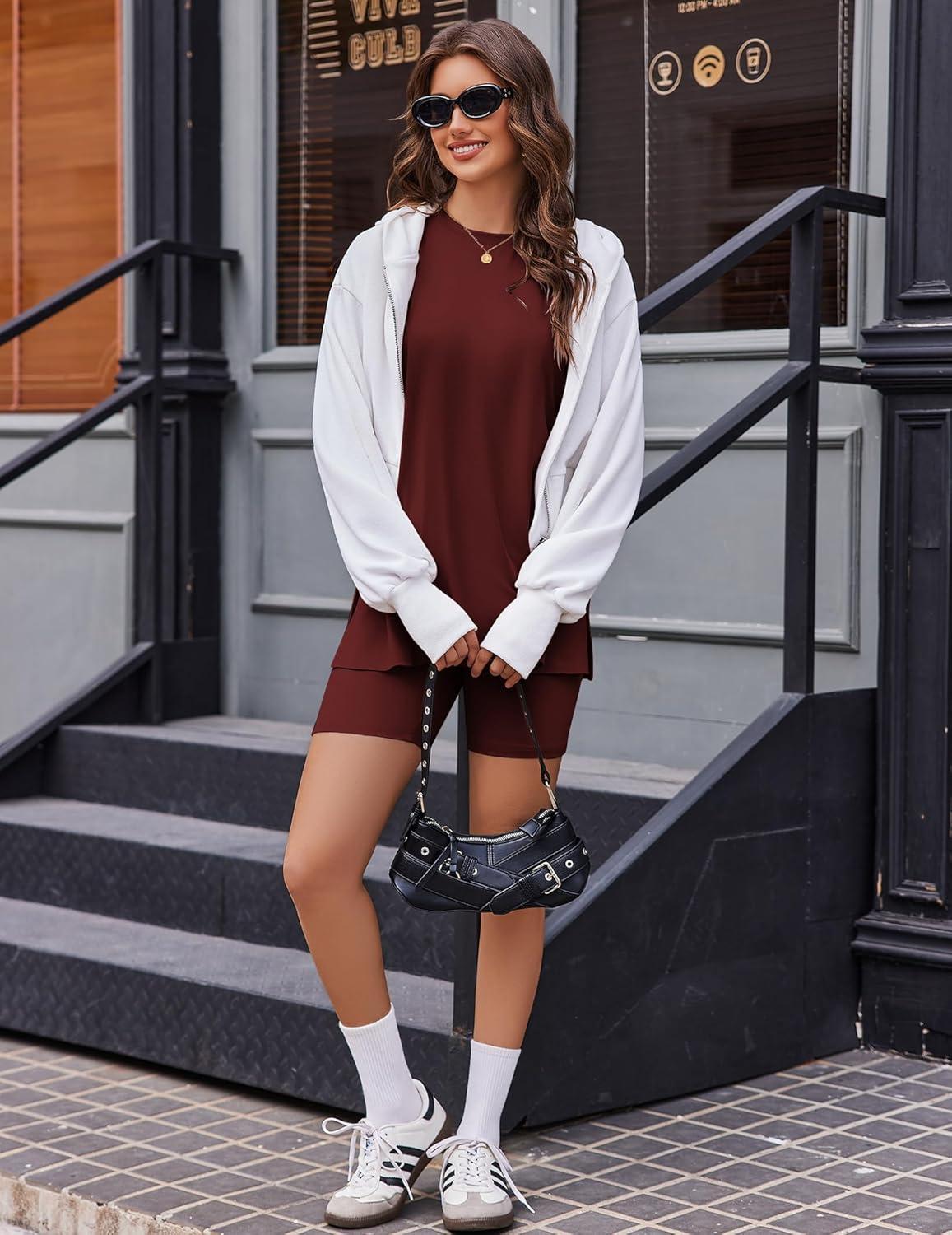 imageEkouaer Biker Short Sets Womens 2 Piece Lounge Set 2026 Summer Matching Outfits Sleeveless Loungewear clothingWine Red
