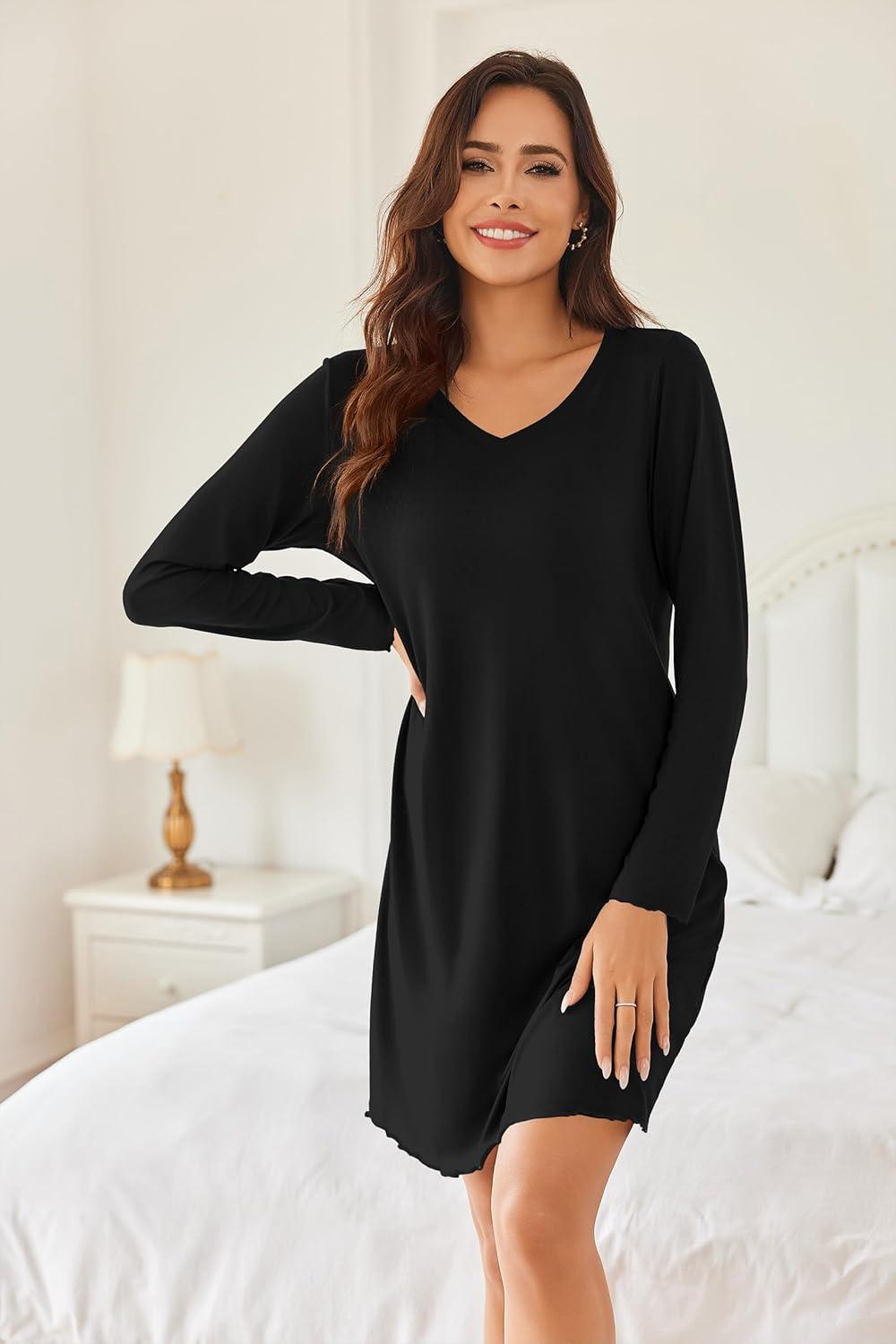 imageEkouaer Cotton Nightgowns for Women 2 Pack Night Gown Long Sleeve Sleepshirts V Neck Night Shirt Soft SleepwearBlackGray