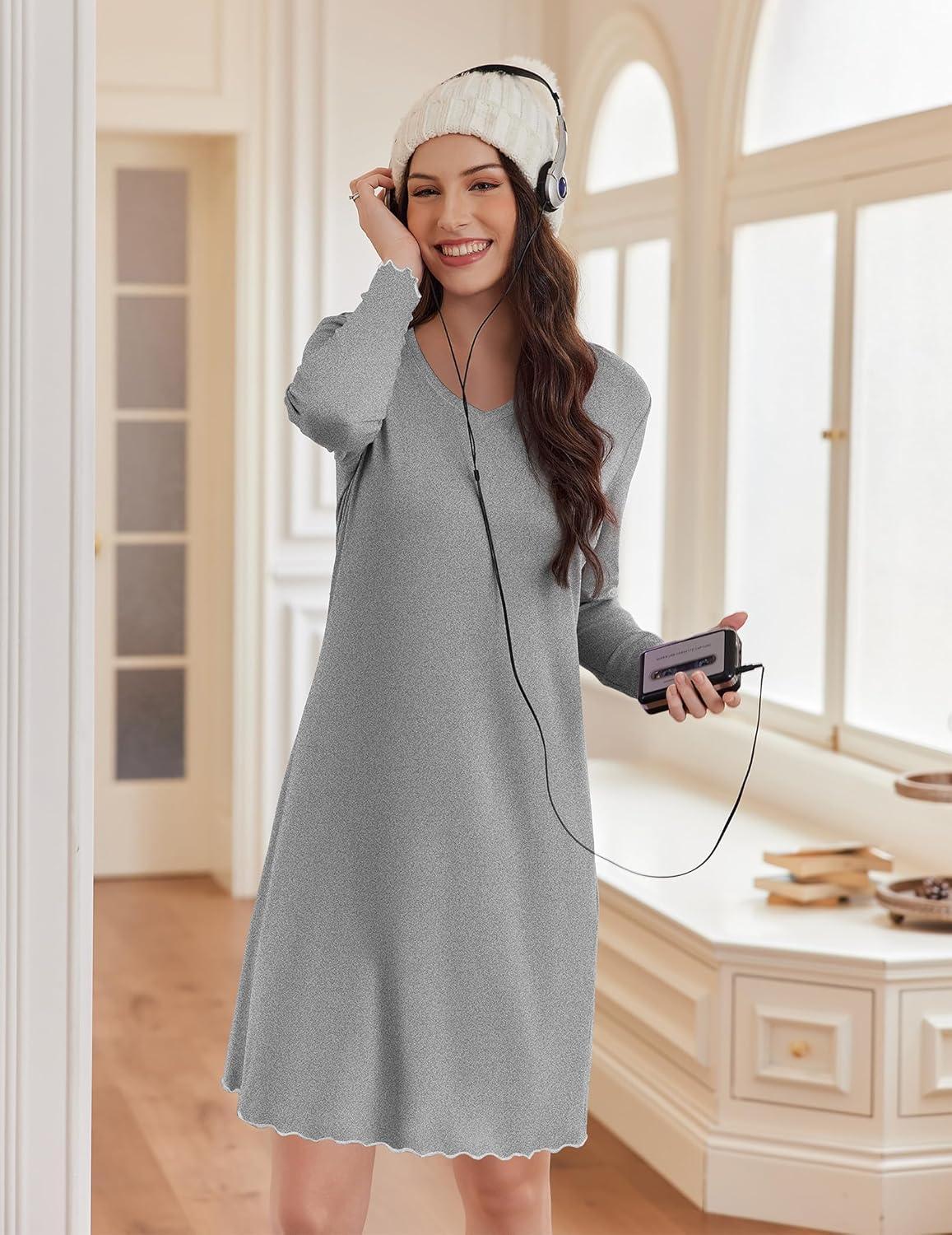 imageEkouaer Cotton Nightgowns for Women 2 Pack Night Gown Long Sleeve Sleepshirts V Neck Night Shirt Soft SleepwearBlackGray
