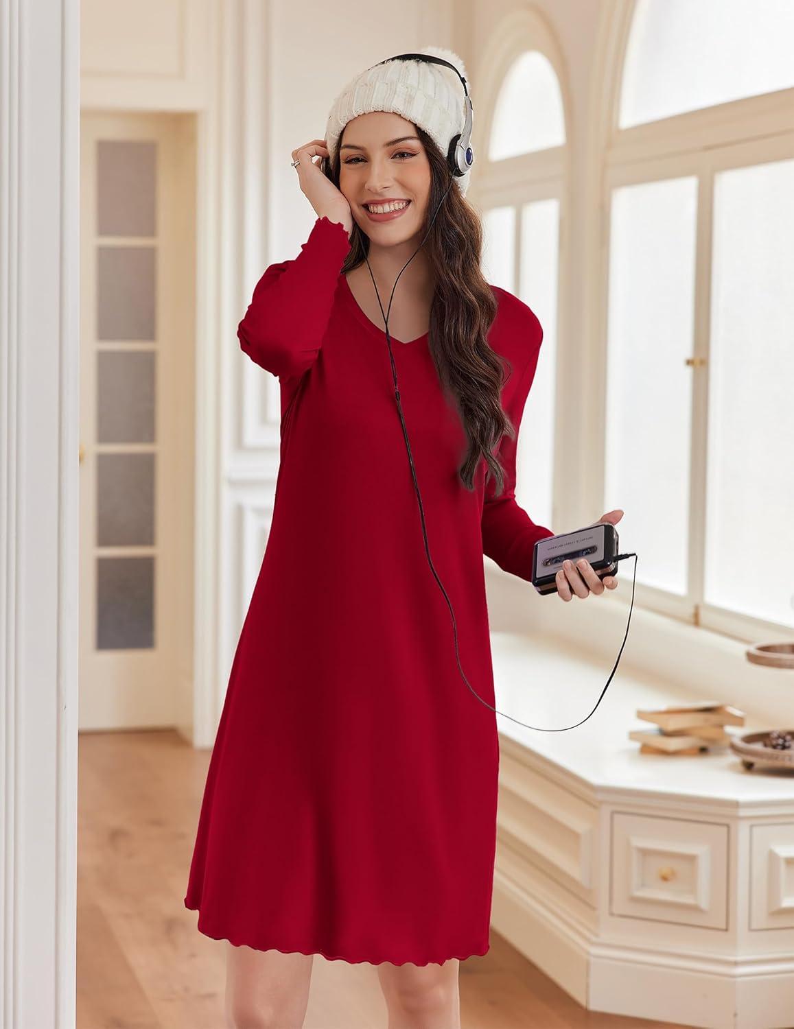 imageEkouaer Cotton Nightgowns for Women 2 Pack Night Gown Long Sleeve Sleepshirts V Neck Night Shirt Soft SleepwearBlackWine Red