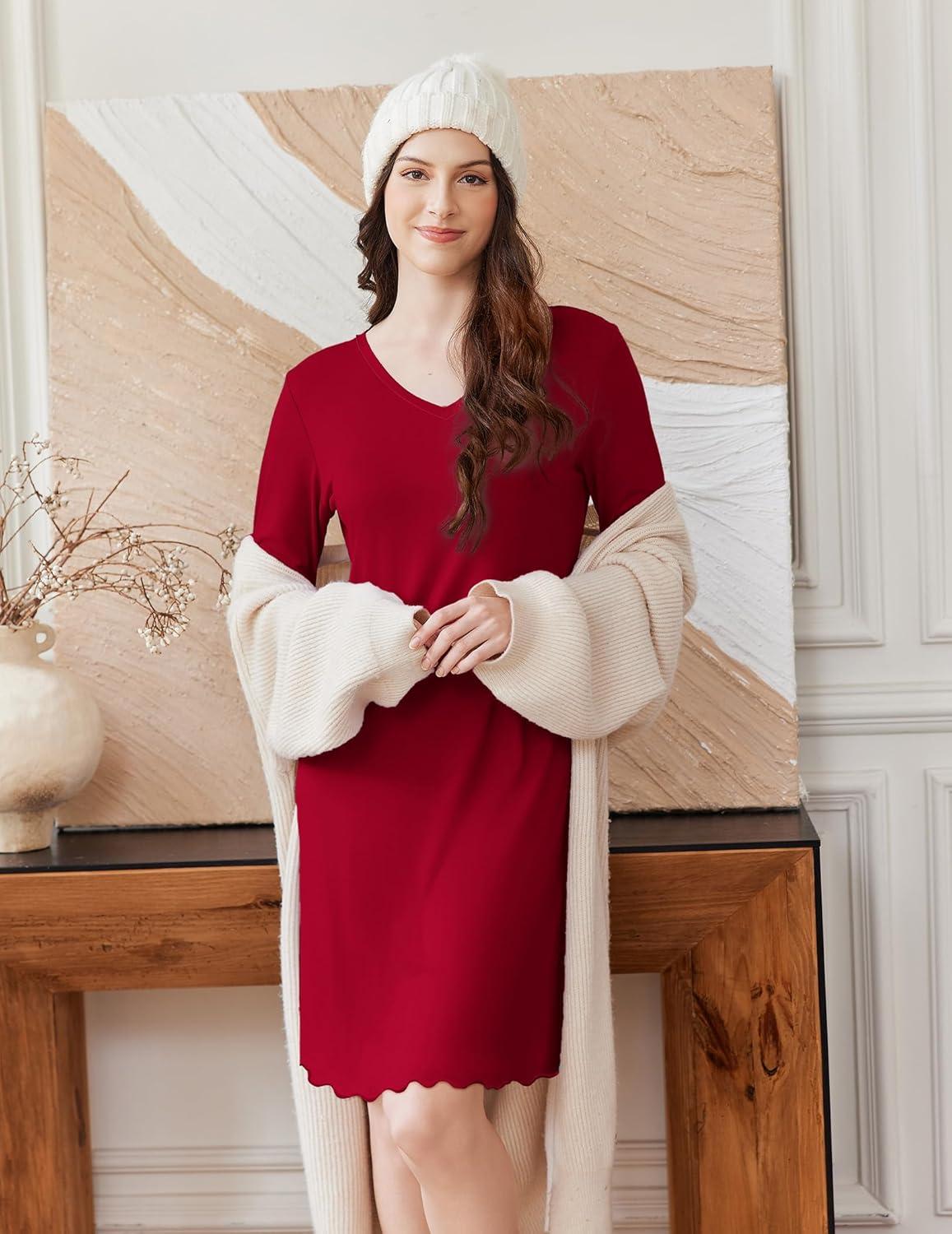 imageEkouaer Cotton Nightgowns for Women 2 Pack Night Gown Long Sleeve Sleepshirts V Neck Night Shirt Soft SleepwearBlackWine Red
