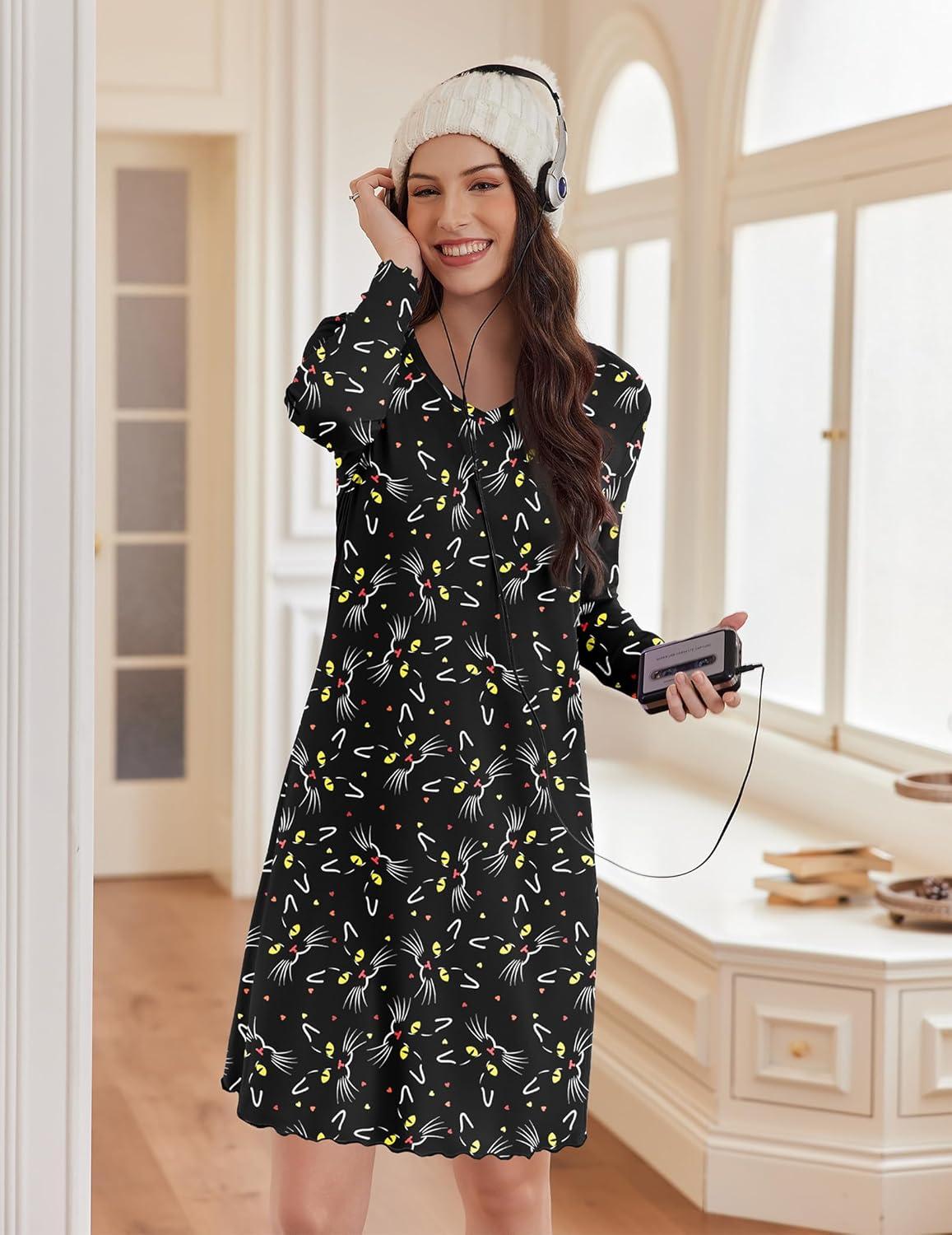 imageEkouaer Cotton Nightgowns for Women 2 Pack Night Gown Long Sleeve Sleepshirts V Neck Night Shirt Soft SleepwearCoffee PrintBlack Cat