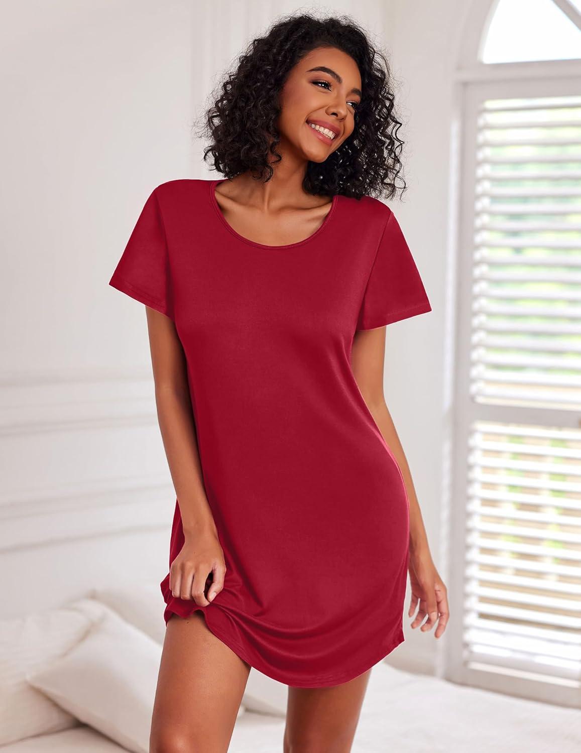 imageEkouaer Cotton Nightgowns for Women 3 Pack Sleepshirts Short Sleeve Night Shirt Tshirt Night Gown Print Sleepwear DressBlackWine RedLeopard