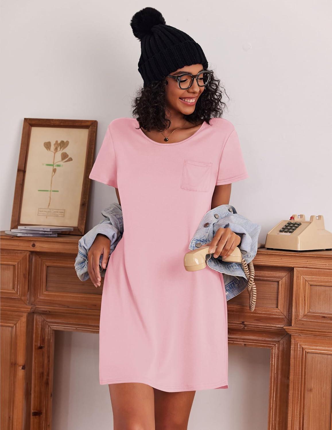 imageEkouaer Cotton Nightgowns for Women 3 Pack Sleepshirts Short Sleeve Night Shirt Tshirt Night Gown Print Sleepwear DressBlakLight BlueLight Pink