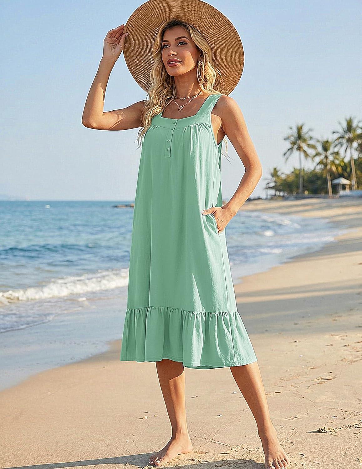 imageEkouaer Cotton Nightgowns for Women Long Sleeveless Nightgown Victorian Sleep Dress with Pockets Night Shirt Lounge DressLight Green