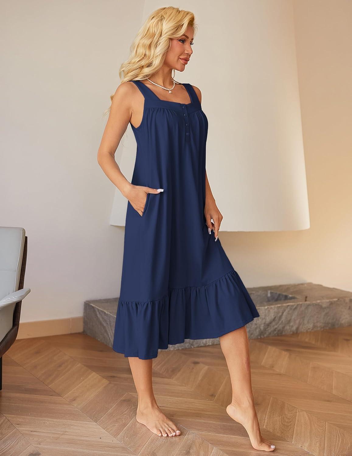 imageEkouaer Cotton Nightgowns for Women Long Sleeveless Nightgown Victorian Sleep Dress with Pockets Night Shirt Lounge DressNavy Blue