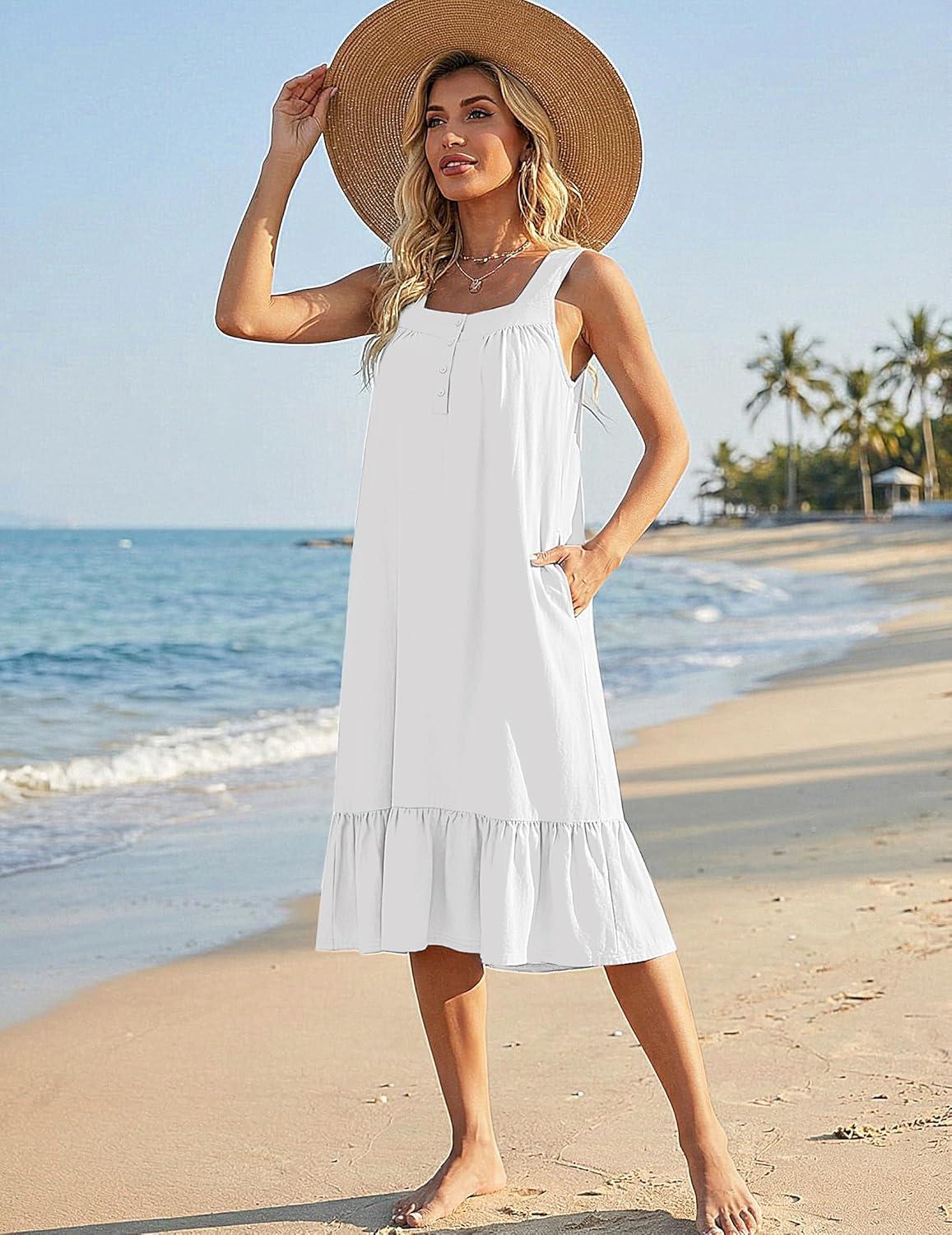 imageEkouaer Cotton Nightgowns for Women Long Sleeveless Nightgown Victorian Sleep Dress with Pockets Night Shirt Lounge DressWhite