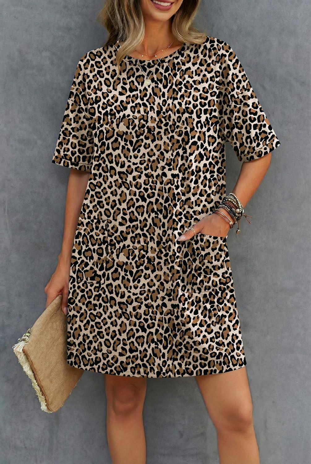 imageEkouaer Cotton Nightgowns for Women Short Sleeve Sleep Shirts Crew Neck Night Dress Nightshirt with Pockets S2XLLeopard Print