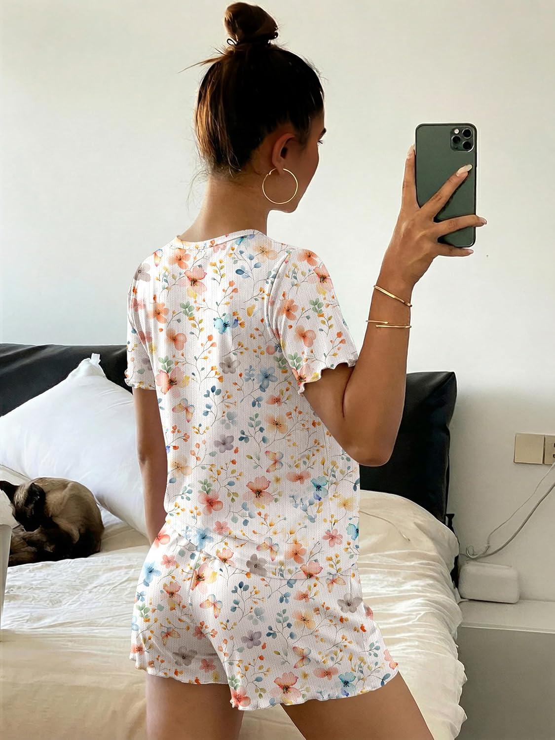 imageEkouaer Cute Pajama Sets for Women 2 Piece Short Sleeve Ribbed Pjs Crop Top and Shorts Sleepwear Summer Y2K Lounge SetsColorful Flowers