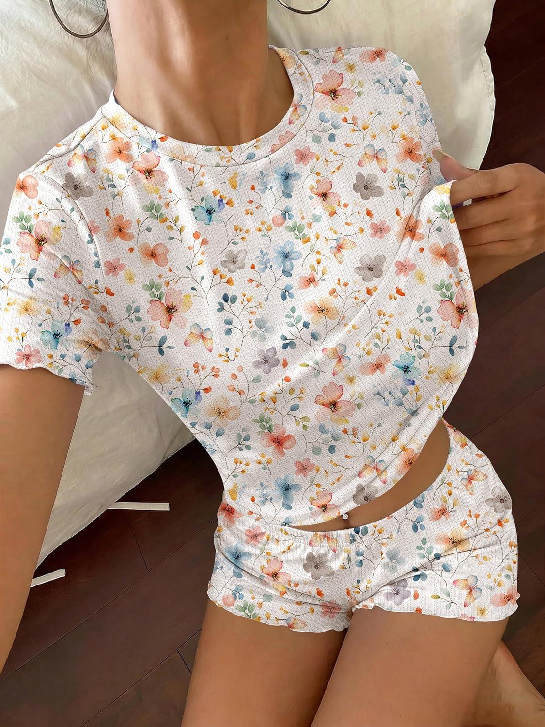 imageEkouaer Cute Pajama Sets for Women 2 Piece Short Sleeve Ribbed Pjs Crop Top and Shorts Sleepwear Summer Y2K Lounge SetsColorful Flowers