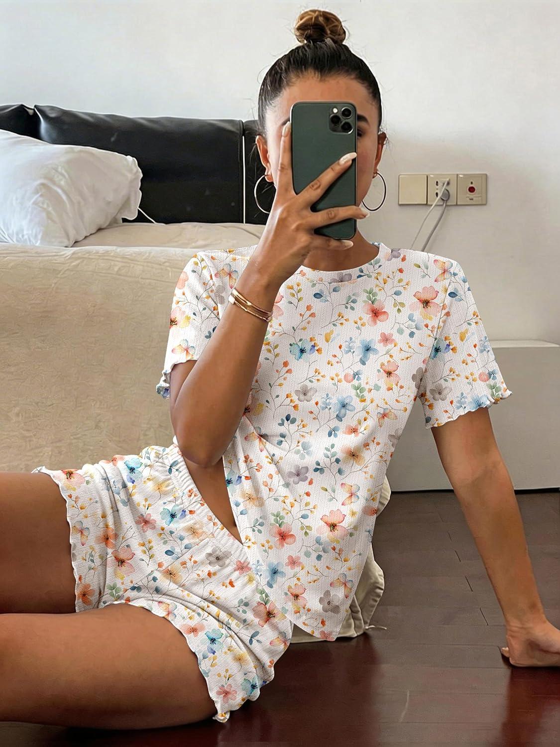 imageEkouaer Cute Pajama Sets for Women 2 Piece Short Sleeve Ribbed Pjs Crop Top and Shorts Sleepwear Summer Y2K Lounge SetsColorful Flowers