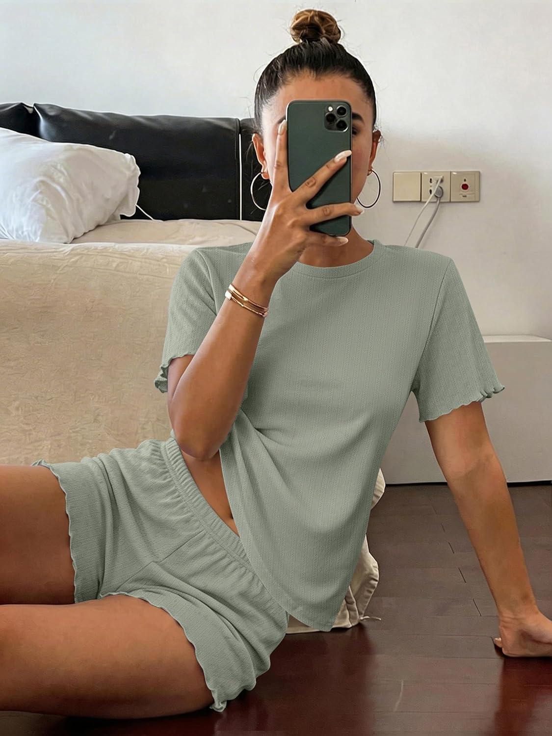 imageEkouaer Cute Pajama Sets for Women 2 Piece Short Sleeve Ribbed Pjs Crop Top and Shorts Sleepwear Summer Y2K Lounge SetsGreen