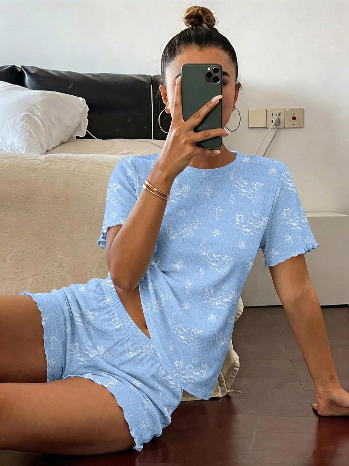 imageEkouaer Cute Pajama Sets for Women 2 Piece Short Sleeve Ribbed Pjs Crop Top and Shorts Sleepwear Summer Y2K Lounge SetsOcean Blue