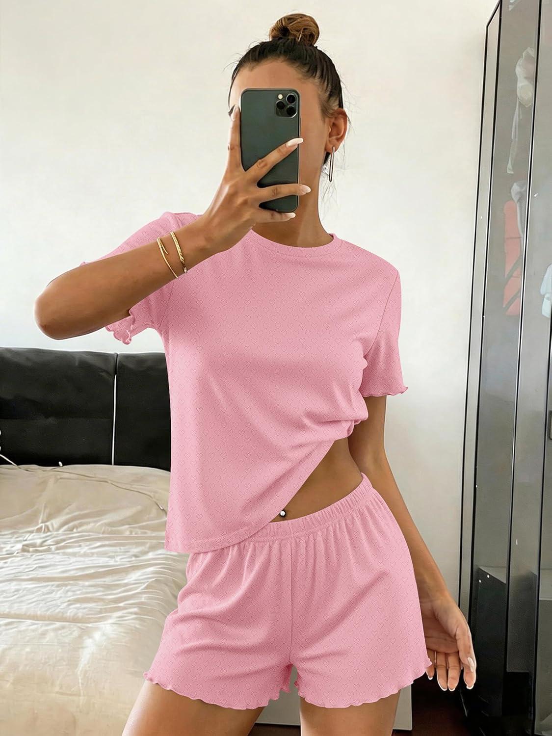 imageEkouaer Cute Pajama Sets for Women 2 Piece Short Sleeve Ribbed Pjs Crop Top and Shorts Sleepwear Summer Y2K Lounge SetsPink