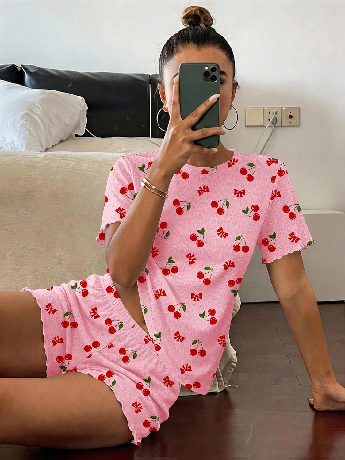 imageEkouaer Cute Pajama Sets for Women 2 Piece Short Sleeve Ribbed Pjs Crop Top and Shorts Sleepwear Summer Y2K Lounge SetsPink Cherry