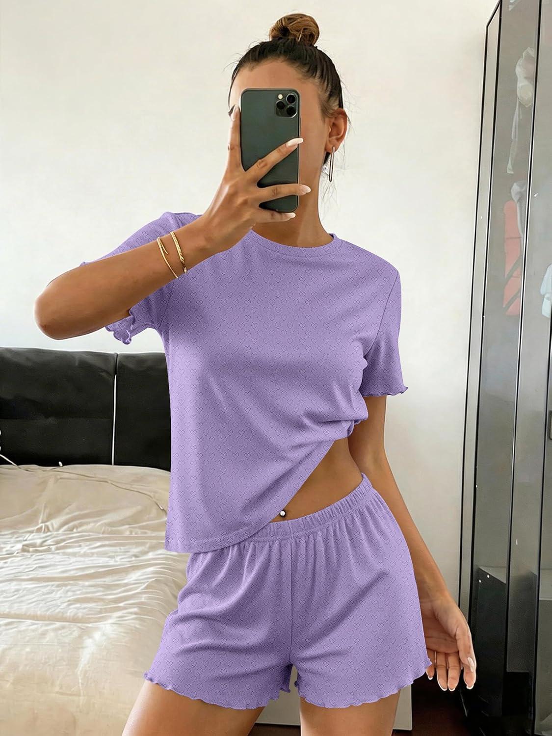 imageEkouaer Cute Pajama Sets for Women 2 Piece Short Sleeve Ribbed Pjs Crop Top and Shorts Sleepwear Summer Y2K Lounge SetsPurple