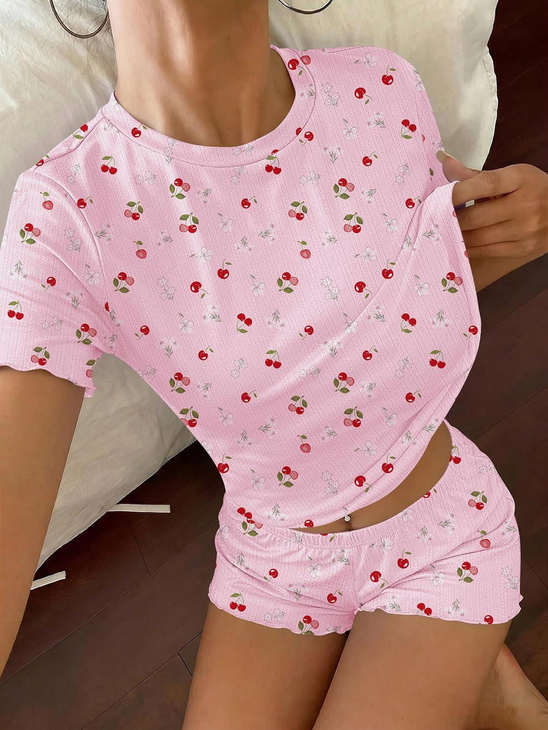 imageEkouaer Cute Pajama Sets for Women 2 Piece Short Sleeve Ribbed Pjs Crop Top and Shorts Sleepwear Summer Y2K Lounge SetsPurple Cherry