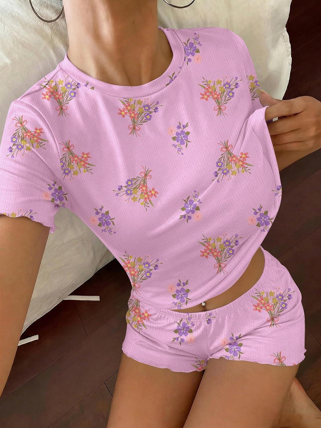 imageEkouaer Cute Pajama Sets for Women 2 Piece Short Sleeve Ribbed Pjs Crop Top and Shorts Sleepwear Summer Y2K Lounge SetsPurple Flowers