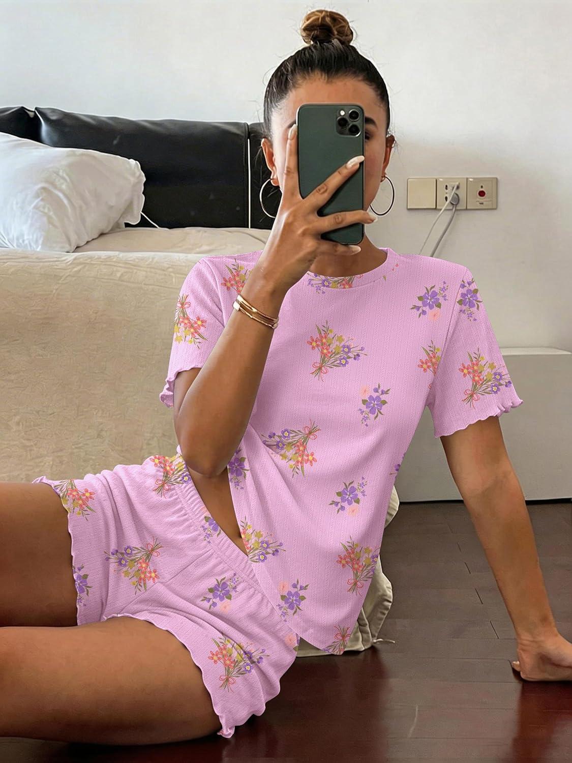 imageEkouaer Cute Pajama Sets for Women 2 Piece Short Sleeve Ribbed Pjs Crop Top and Shorts Sleepwear Summer Y2K Lounge SetsPurple Flowers