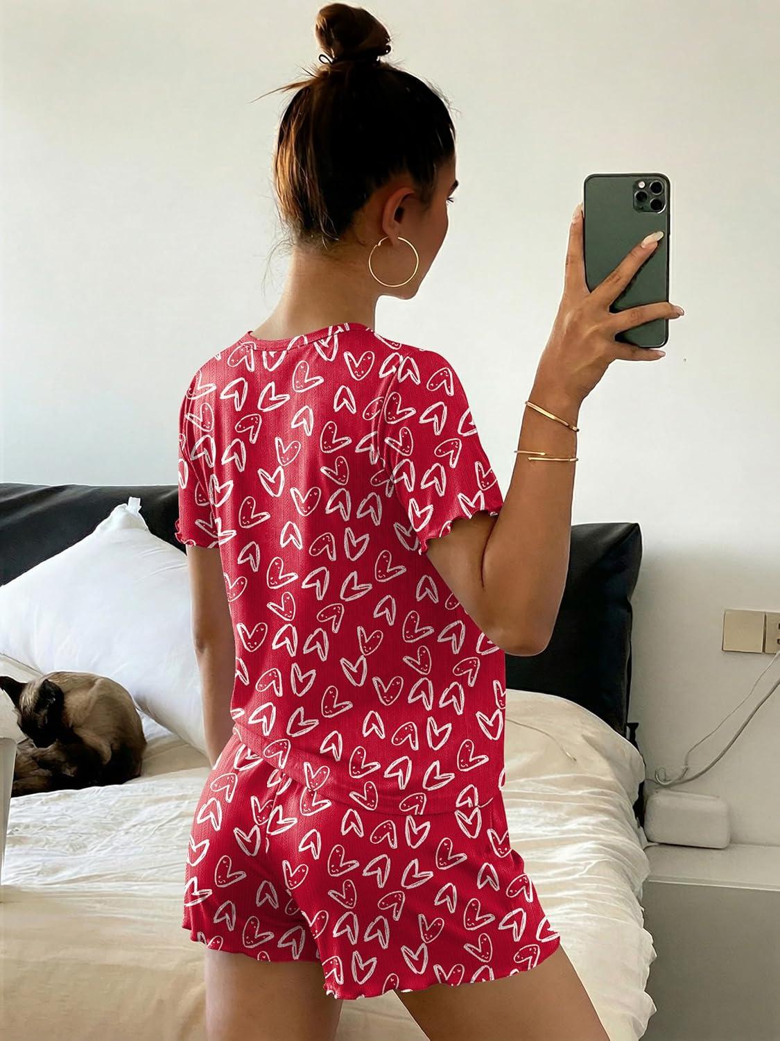imageEkouaer Cute Pajama Sets for Women 2 Piece Short Sleeve Ribbed Pjs Crop Top and Shorts Sleepwear Summer Y2K Lounge SetsRed Love