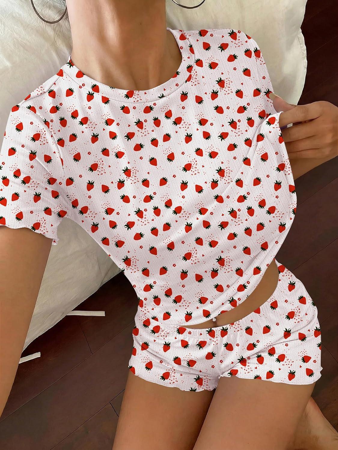 imageEkouaer Cute Pajama Sets for Women 2 Piece Short Sleeve Ribbed Pjs Crop Top and Shorts Sleepwear Summer Y2K Lounge SetsStrawberry