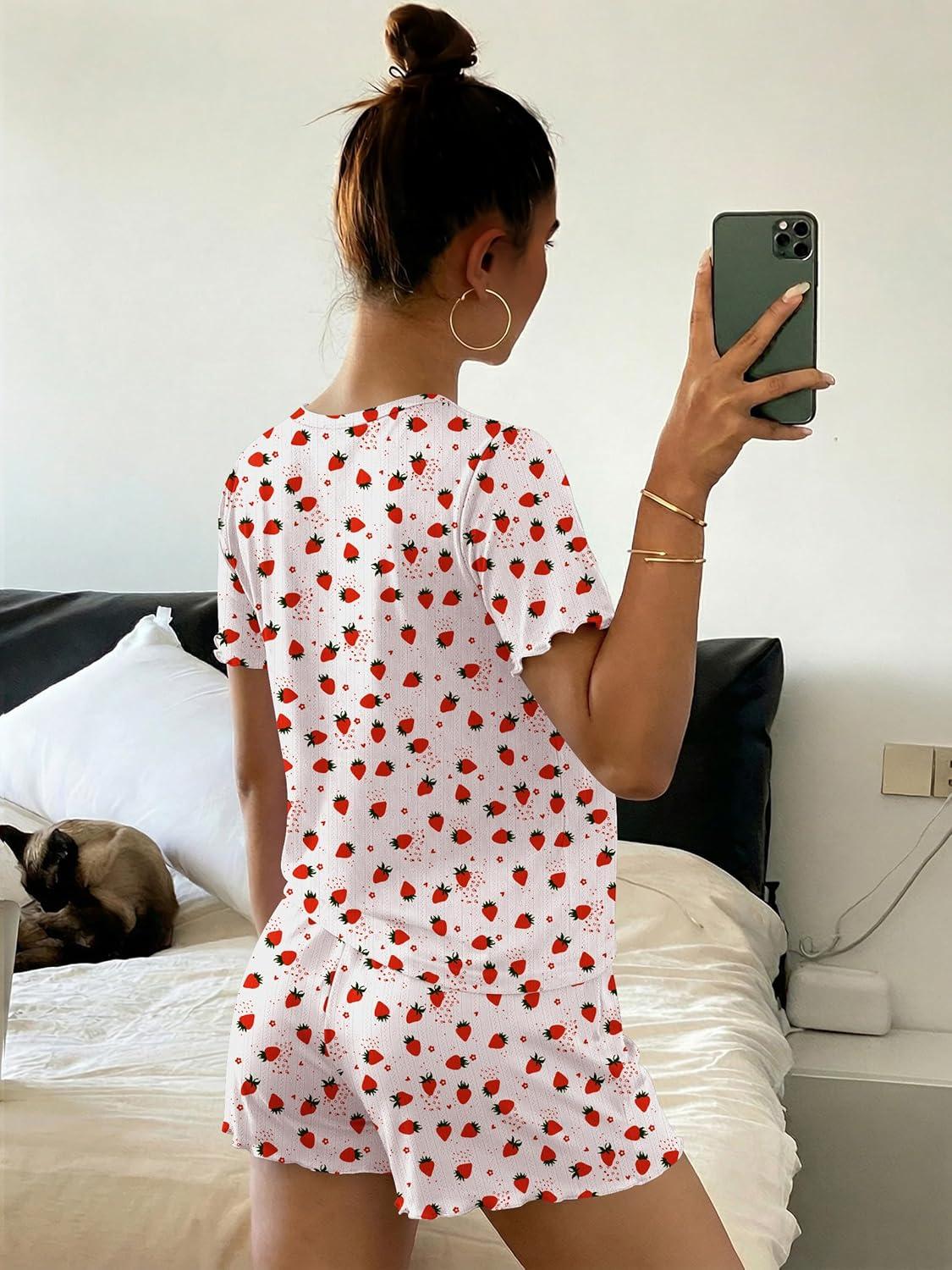 imageEkouaer Cute Pajama Sets for Women 2 Piece Short Sleeve Ribbed Pjs Crop Top and Shorts Sleepwear Summer Y2K Lounge SetsStrawberry