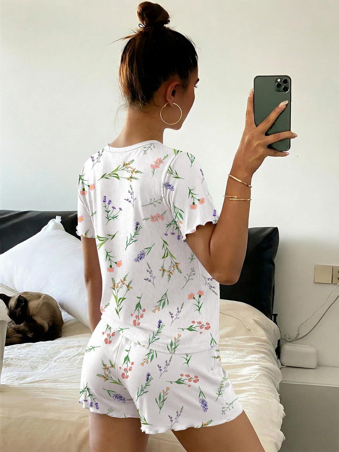 imageEkouaer Cute Pajama Sets for Women 2 Piece Short Sleeve Ribbed Pjs Crop Top and Shorts Sleepwear Summer Y2K Lounge SetsWhite Flowers