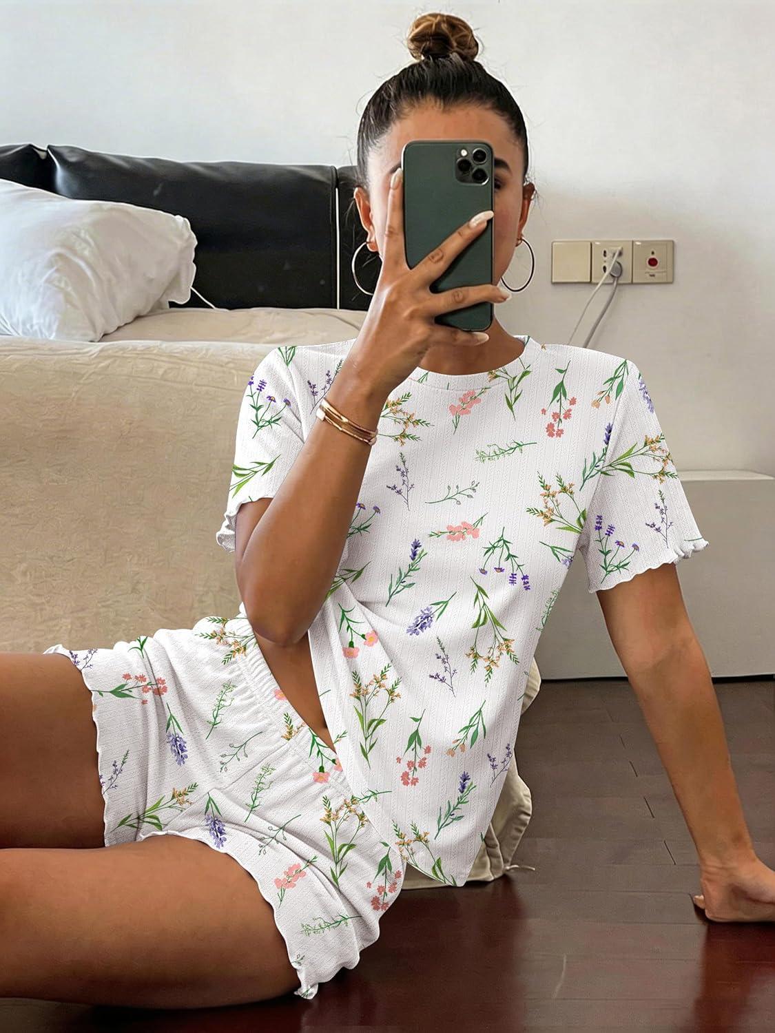 imageEkouaer Cute Pajama Sets for Women 2 Piece Short Sleeve Ribbed Pjs Crop Top and Shorts Sleepwear Summer Y2K Lounge SetsWhite Flowers
