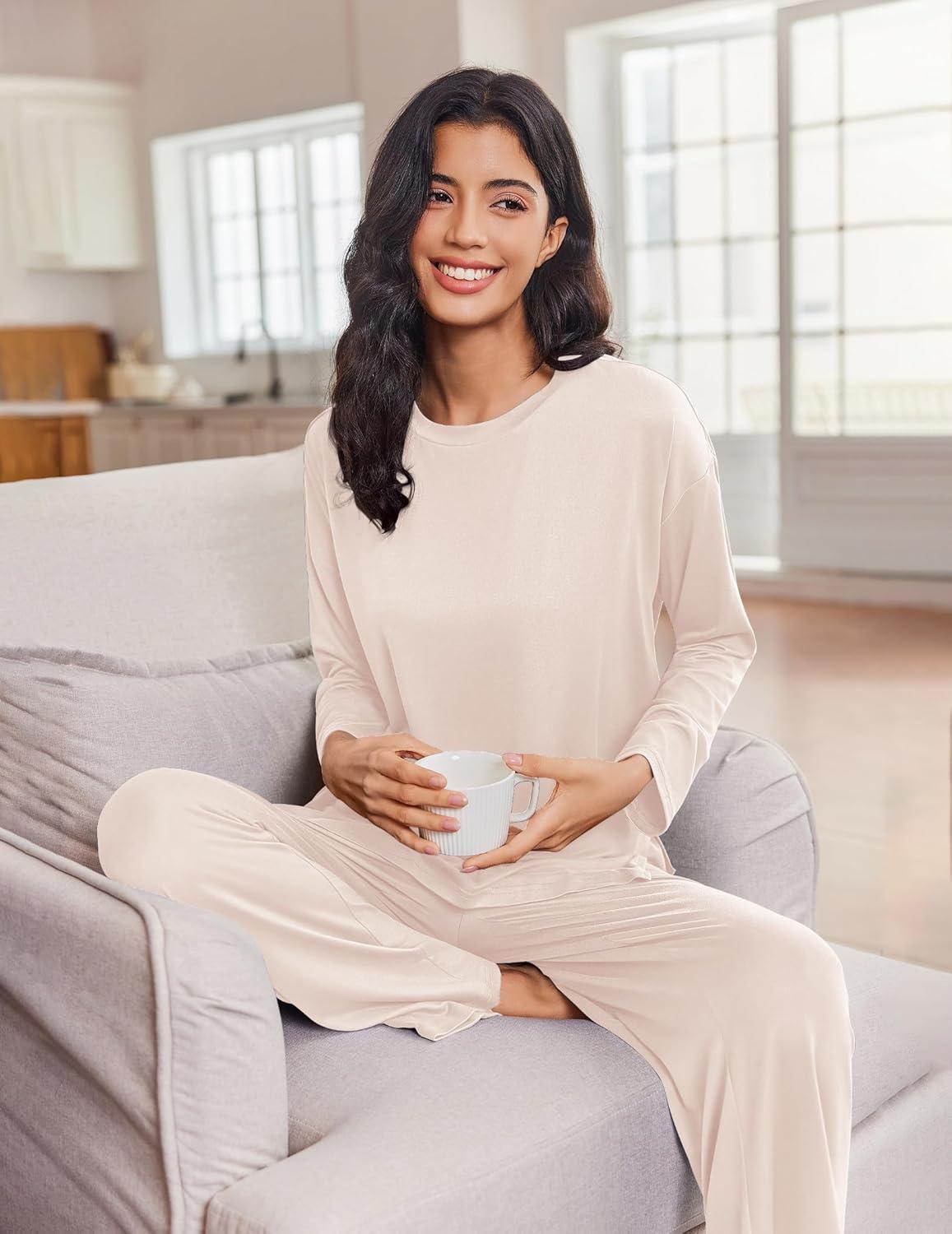 imageEkouaer Lounge Sets for Women Long Sleeve Pajamas 2026 Loungewear Soft Comfy Pjs Two Piece Travel Outfits SetBeige