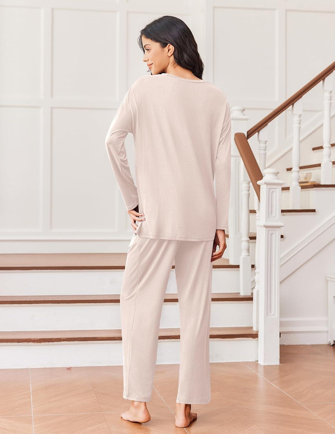 imageEkouaer Lounge Sets for Women Long Sleeve Pajamas 2026 Loungewear Soft Comfy Pjs Two Piece Travel Outfits SetBeige